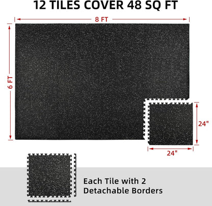0.79" Extra-Thick Exercise Mats – 48 Sq Ft Interlocking Rubber & EVA Foam Gym Flooring Tiles – Black & White