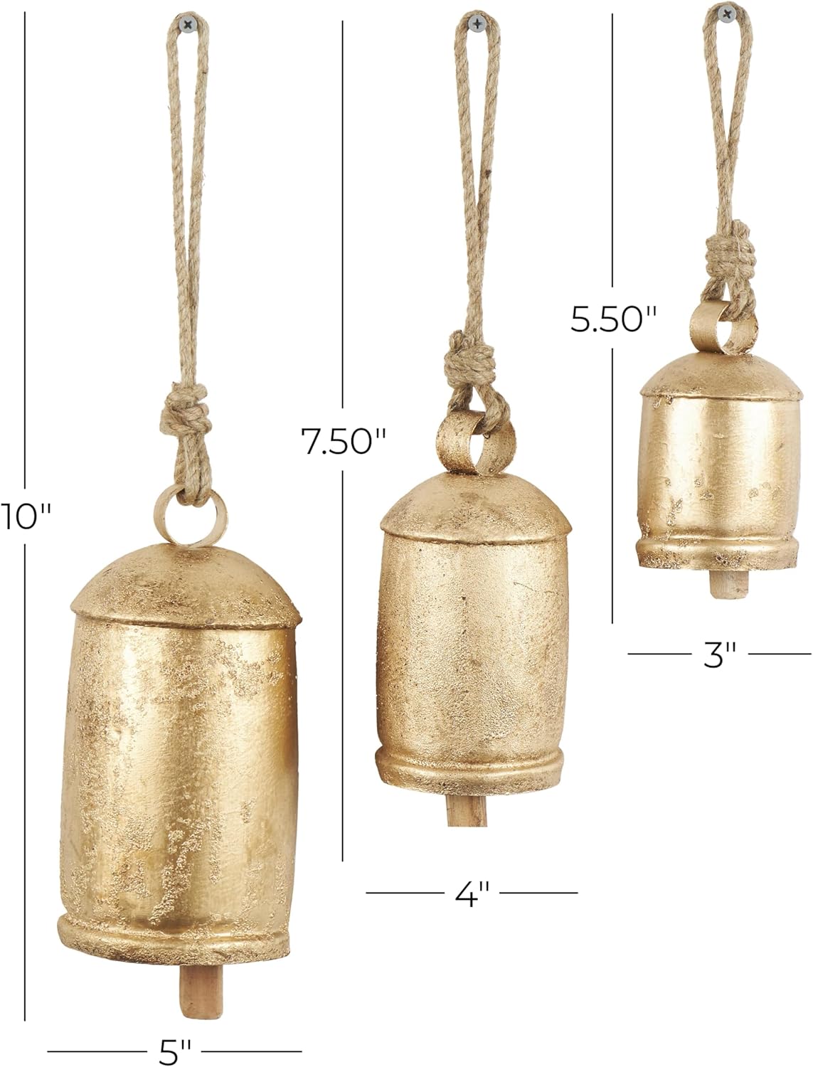 Set of 3 Gold Metal Tibetan-Style Giant Cow Bells with Jute Rope