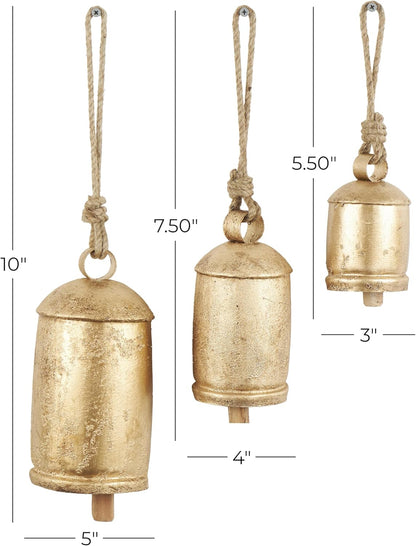 Set of 3 Gold Metal Tibetan-Style Giant Cow Bells with Jute Rope