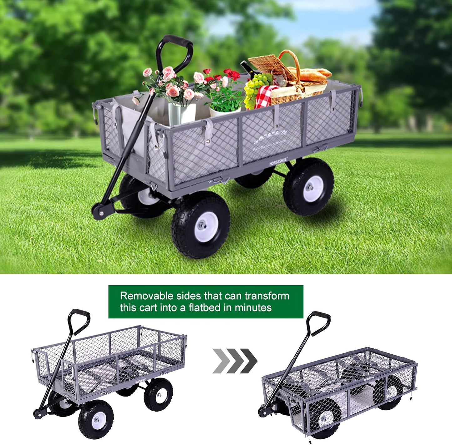 Heavy-Duty Steel Mesh Garden Cart Utility Wagon – 880 lb Capacity with Never-Flat Tires, Removable Sides & Liner, Gray