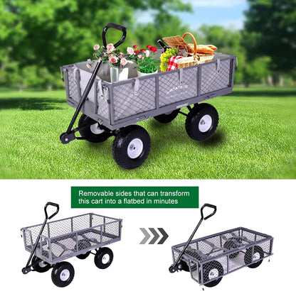 Heavy-Duty Steel Mesh Garden Cart Utility Wagon – 880 lb Capacity with Never-Flat Tires, Removable Sides & Liner, Gray