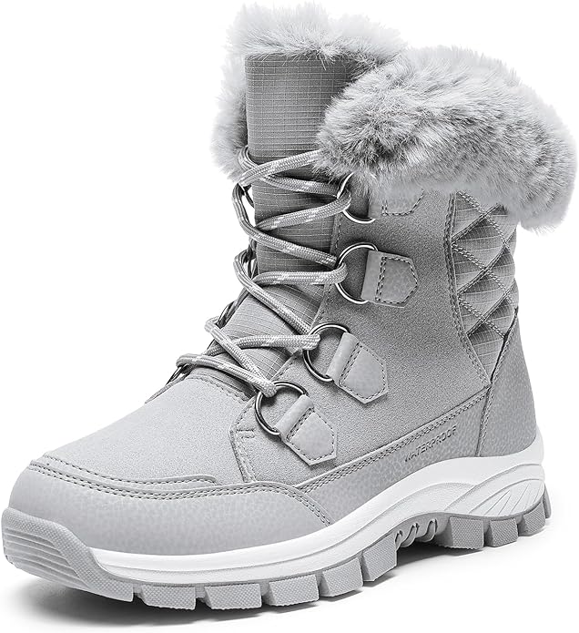 Hespera Women’s Waterproof Snow Boots – Faux Fur Insulated Lace-Up Mid-Calf Winter Shoes (Light Grey, Size 8.5)