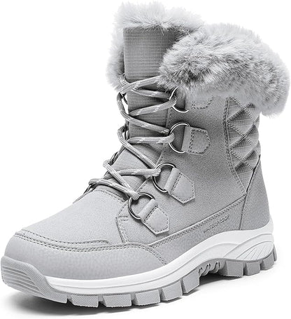 Hespera Women’s Waterproof Snow Boots – Faux Fur Insulated Lace-Up Mid-Calf Winter Shoes (Light Grey, Size 8.5)