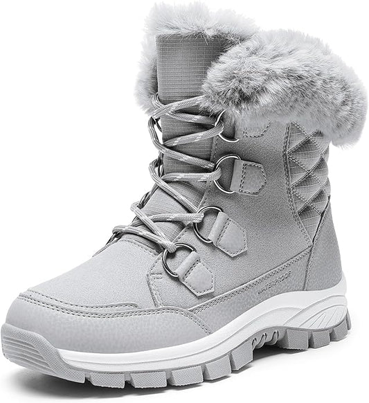 Hespera Women’s Waterproof Snow Boots – Faux Fur Insulated Lace-Up Mid-Calf Winter Shoes (Light Grey, Size 8.5)