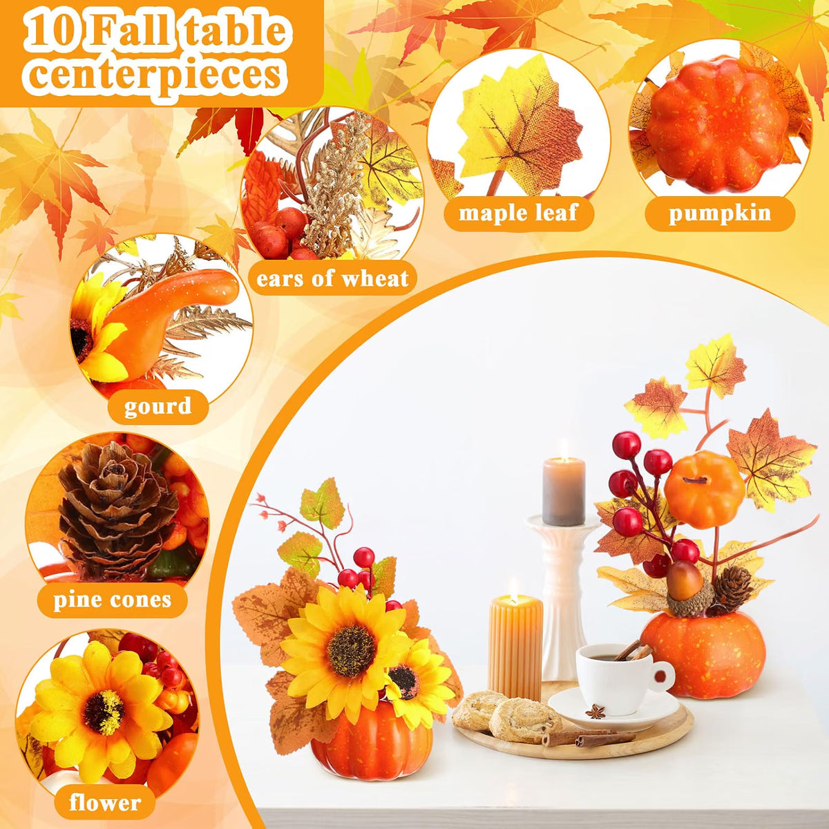 10-Piece Fall Artificial Pumpkin Plant Centerpieces – Autumn Thanksgiving Table Decorations for Home Décor