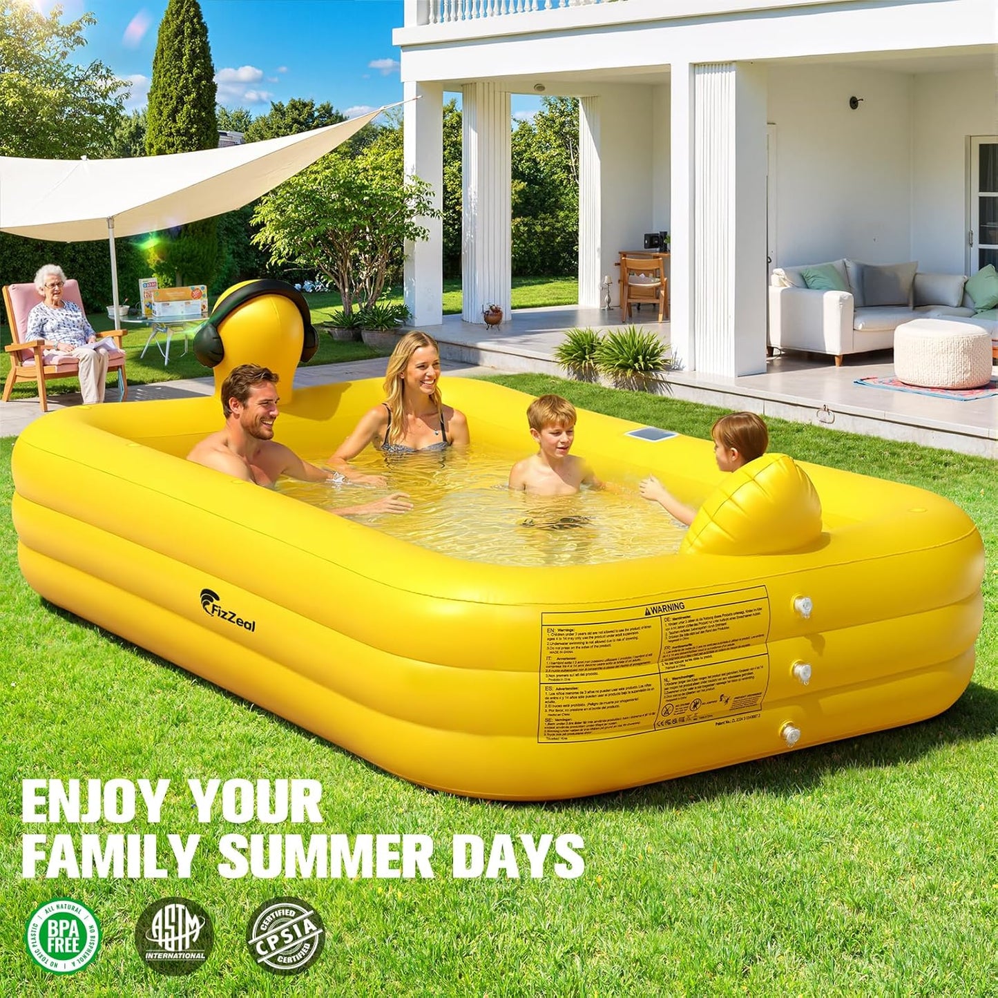 Solar Duck Inflatable Swimming Pool – Large Family Blow Up Kiddie Pool for Kids & Adults – 100" x 63" x 22"