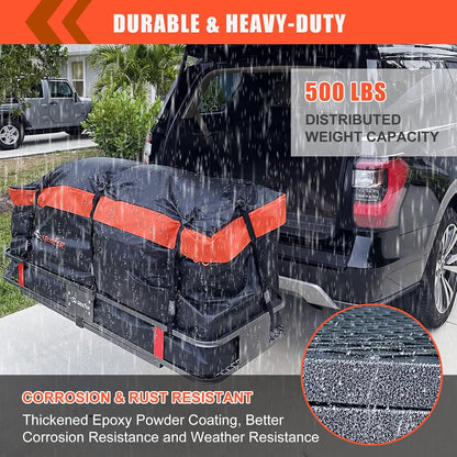 Folding Hitch Mount Cargo Carrier – 60" x 20" x 6" Basket with 16 Cu. Ft. Waterproof Bag, Cargo Net, Straps & Hitch Tightener, 500 lb Capacity
