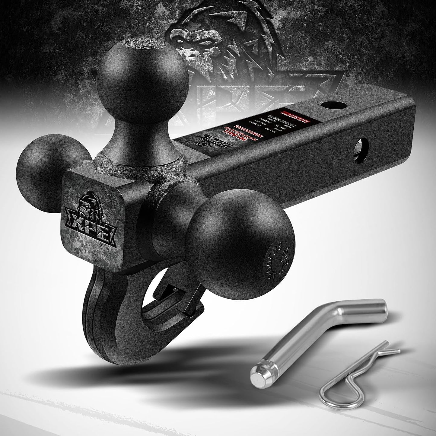 3-in-1 Tri Ball Trailer Hitch Mount – Matte Black Tow Hitch with Tow Hook & Interchangeable 1-7/8", 2" & 2-5/16" Hitch Balls for 2" Receivers
