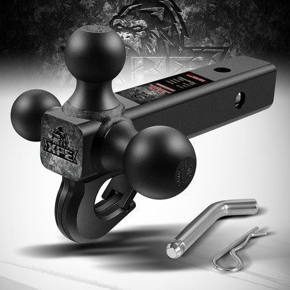 3-in-1 Tri Ball Trailer Hitch Mount – Matte Black Tow Hitch with Tow Hook & Interchangeable 1-7/8", 2" & 2-5/16" Hitch Balls for 2" Receivers
