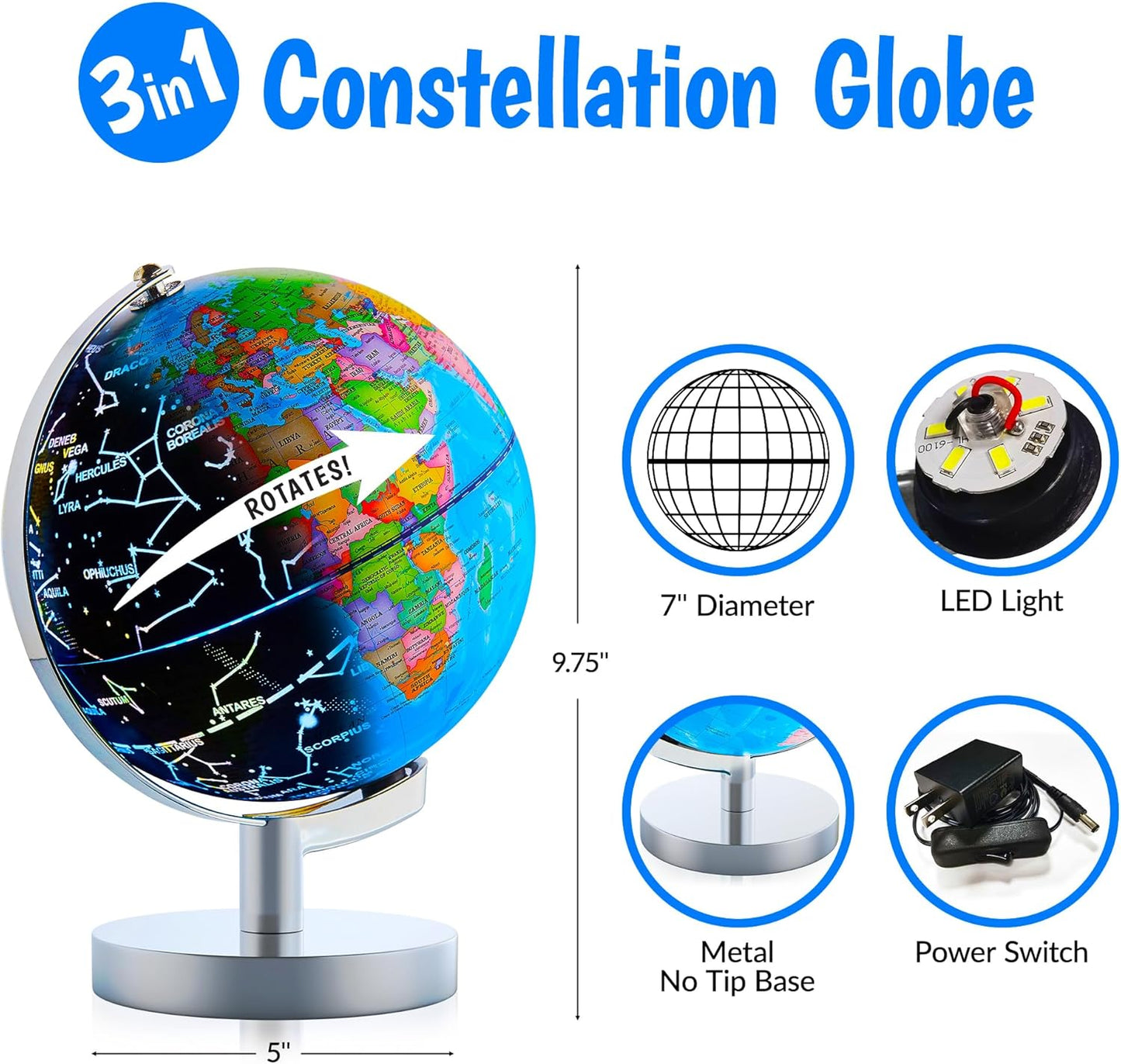 3in1 Illuminated STEM Globes for Adults and Kids with Stand, Built-in LED Night Light