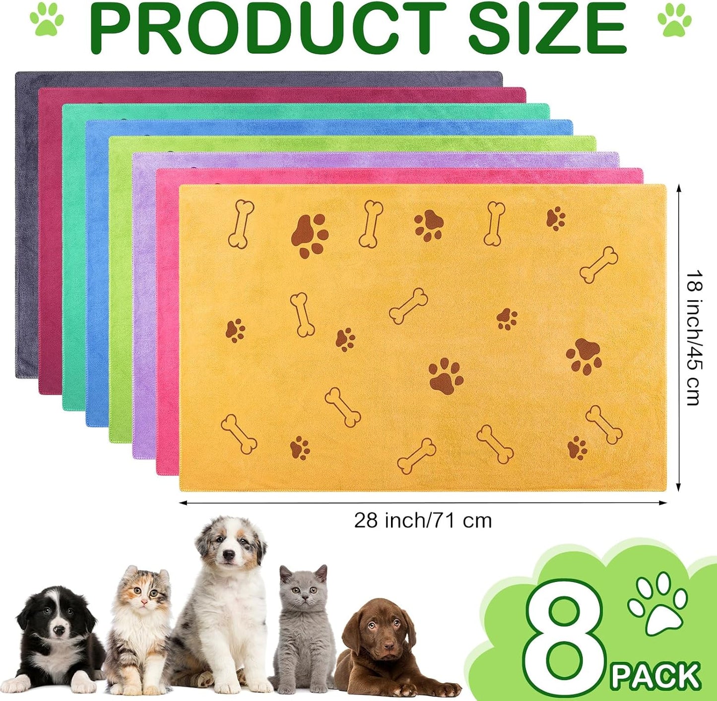 8 Pack Dog Towels – Microfiber Fast-Drying Pet Bath Towels for Dogs & Cats, 18" x 28"