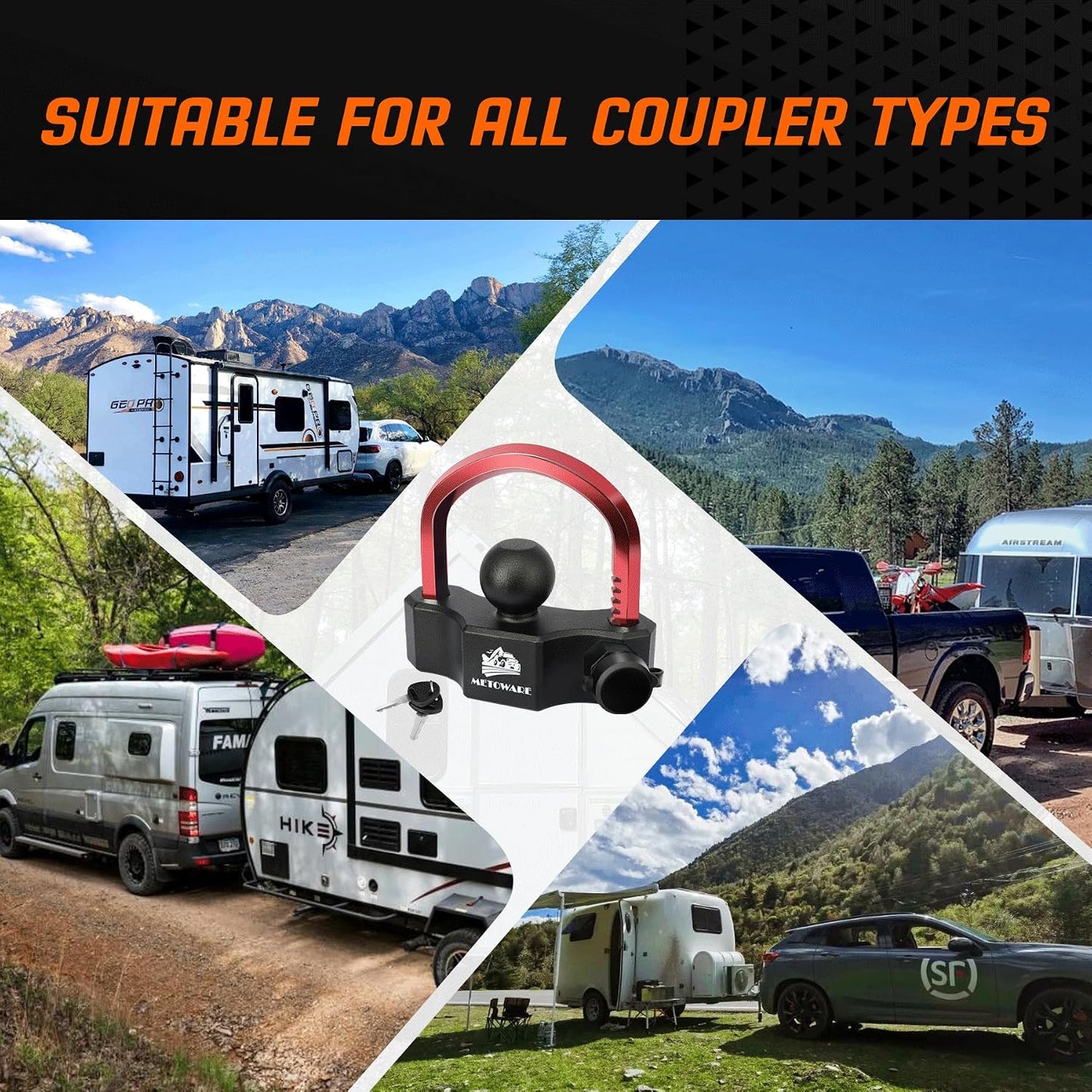 Heavy-Duty Universal Trailer Coupler Lock – Adjustable Hitch Lock for 1-7/8", 2" & 2-5/16" Couplers with 2 Keys, Red