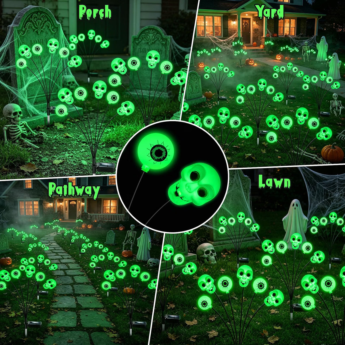 4-Pack Solar Halloween Scary Eyeball Lights – Green LED Outdoor Spooky Yard & Garden Decorations