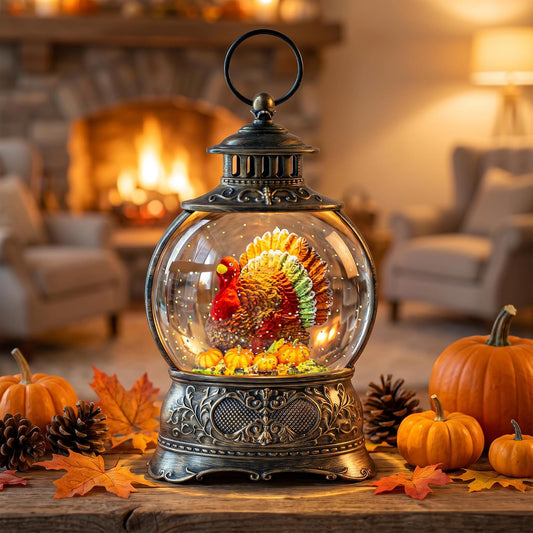 Fall Snow Globe Lantern – Lighted Glitter Water Lantern with Turkey in Pumpkin for Thanksgiving & Autumn Décor