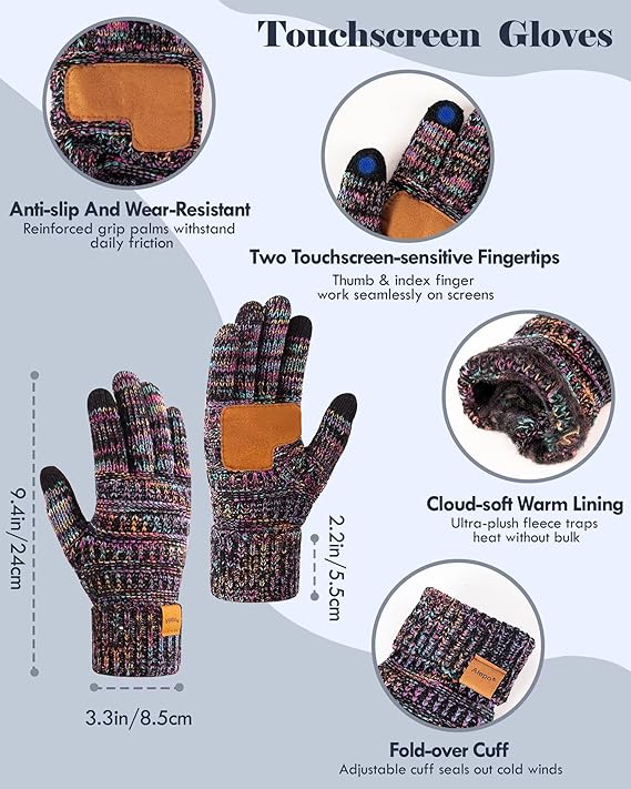 Women’s Winter Beanie, Multicolor Scarf & Touchscreen Gloves Set – Warm 3-in-1 Slouchy Knit