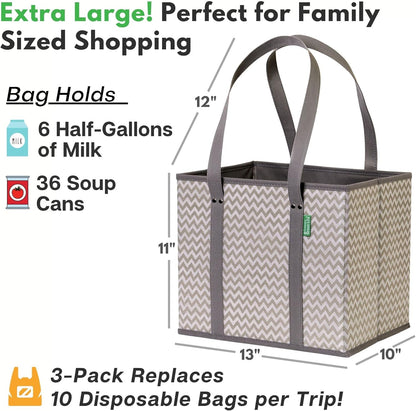 Heavy-Duty Reusable Grocery Bags (3-Pack) – Stand-Up Tote Bags with Foldable Design
