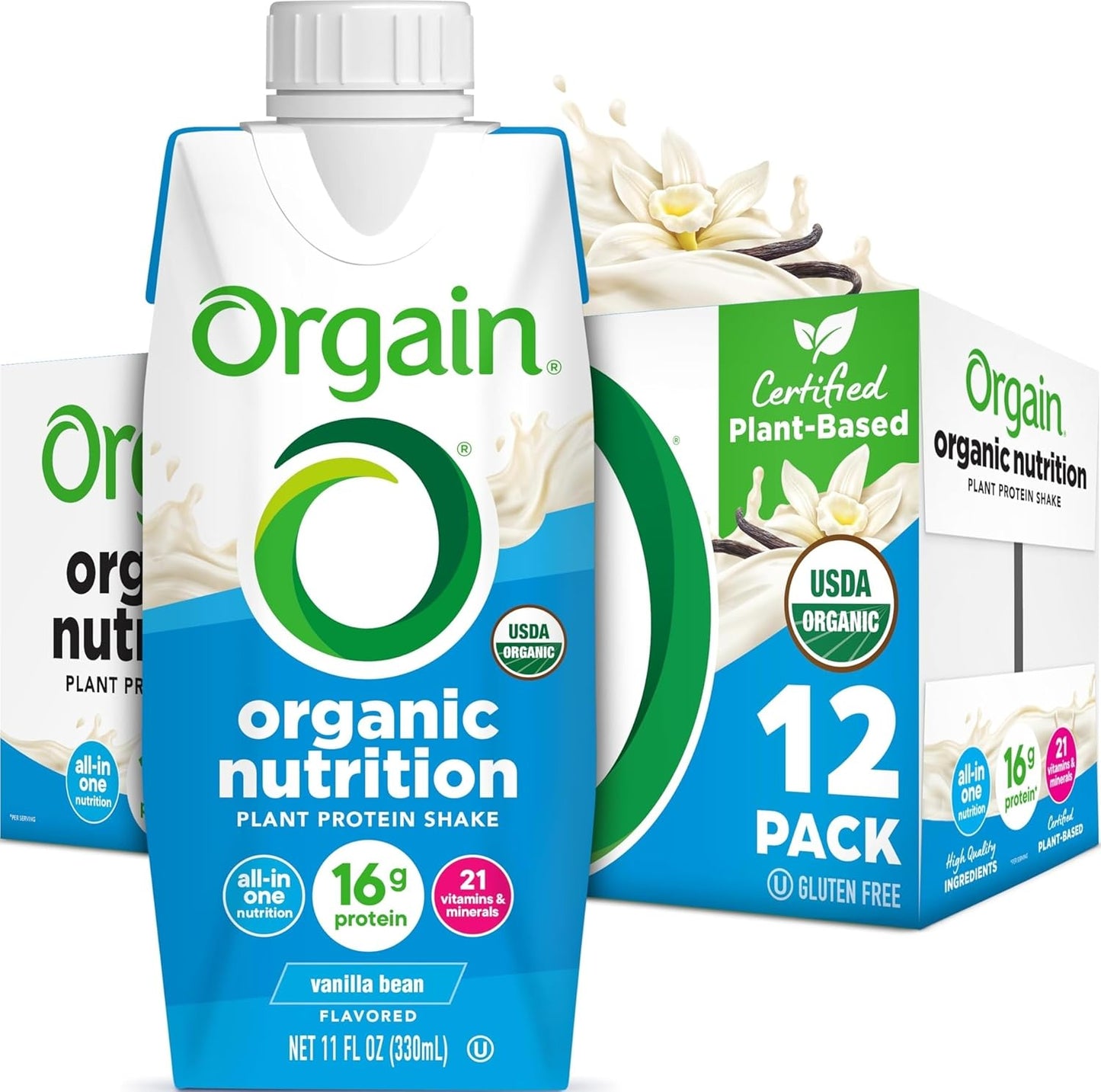 Orgain Organic Vegan Protein Shake – Vanilla Bean, 16g Plant Protein – 11 fl oz (Pack of 12)
