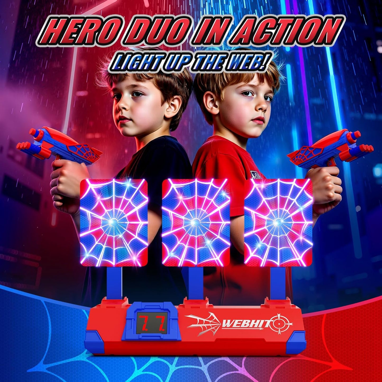 Shooting Toy Set for Boys Ages 3-12 – Hero Style with Glowing Web, Sounds, LCD Scoring, and 3 Auto Reset Targets | Perfect for Indoor/Outdoor Family Games and Gifts!