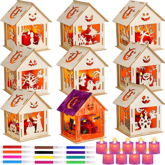 9-Set DIY Halloween Wooden Haunted House Craft Kit – Light-Up House Decorating Activity for Kids