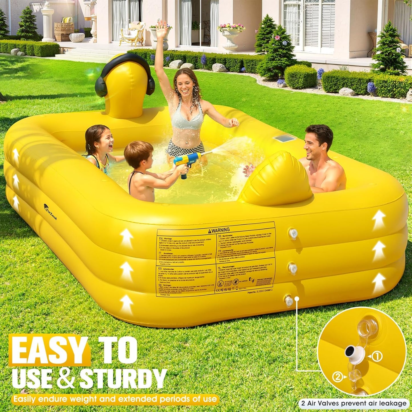 Solar Duck Inflatable Swimming Pool – Large Family Blow Up Kiddie Pool for Kids & Adults – 100" x 63" x 22"