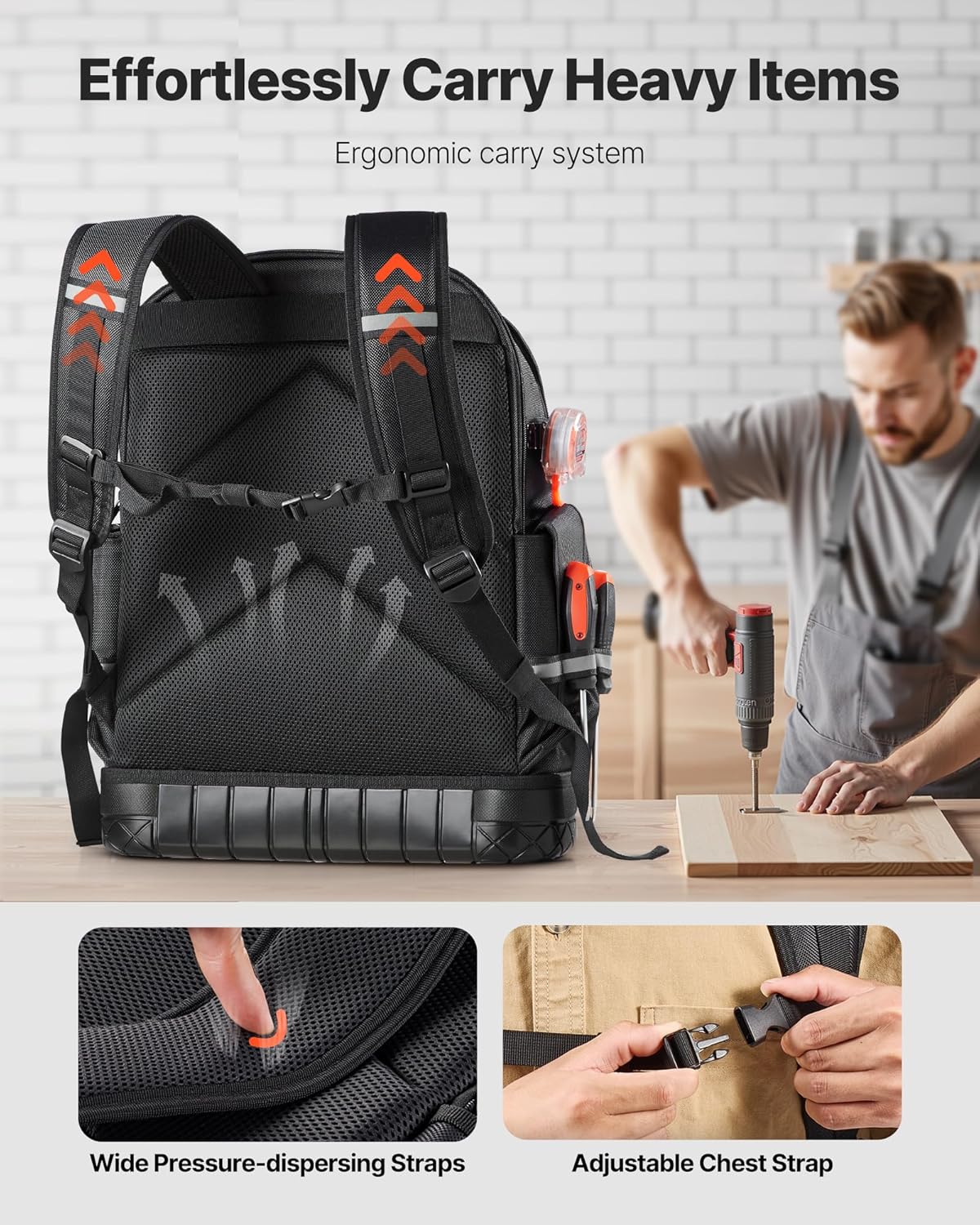 64 Pocket Heavy-Duty Tool Backpack – Jobsite Organizer Bag with Laptop Compartment & Molded Base for Electricians & HVAC Techs