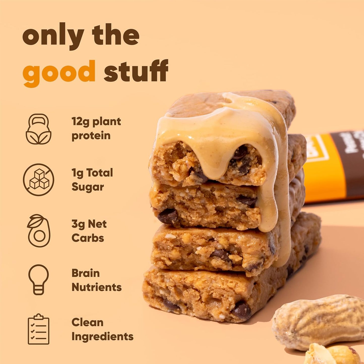 Peanut Butter Chip Plant Protein Bars – High Protein, High Fiber, Low Sugar, Clean Label Certified, Gluten-Free, Dairy-Free, Vegan, Keto & Soy-Free, 12 Count