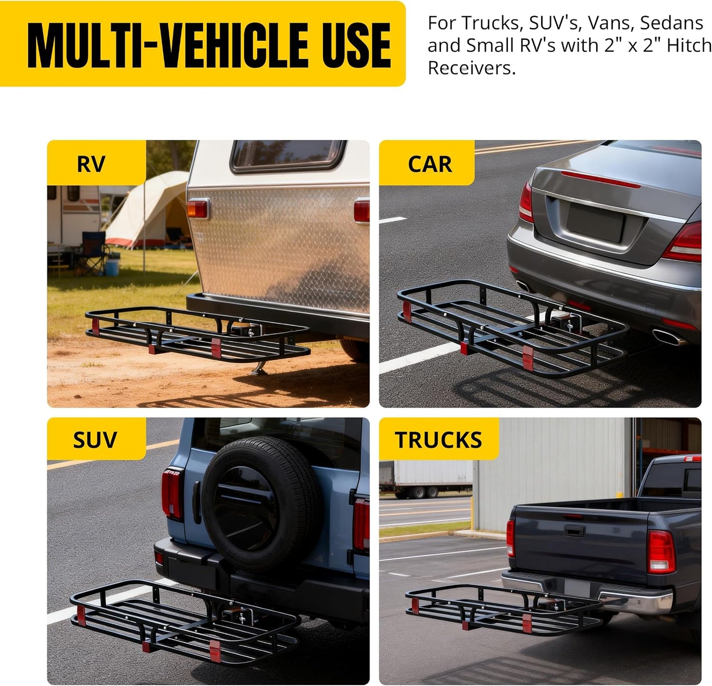 Heavy-Duty Hitch Cargo Carrier – 53" x 19.5" Steel Trailer-Mount Cargo Basket with High Side Rails, 500 lb Capacity for 2" Receivers, Black