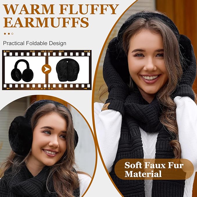 Womens Winter Beanie Hat Scarf Gloves Set Fleece Hat Long Scarf Neck Warmer Ear muffs Fuzzy Socks 5 in 1 Knit Sets
