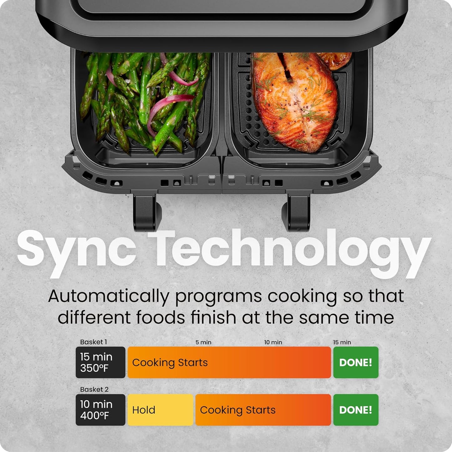 6 Quart Dual Basket Air Fryer Oven with Easy View Windows, Sync Finish