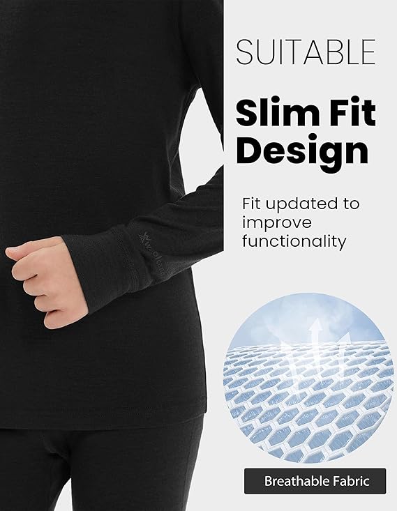 Unisex Kids' Thermal Base Layer Set – 100% Merino Wool Underwear for Girls & Boys