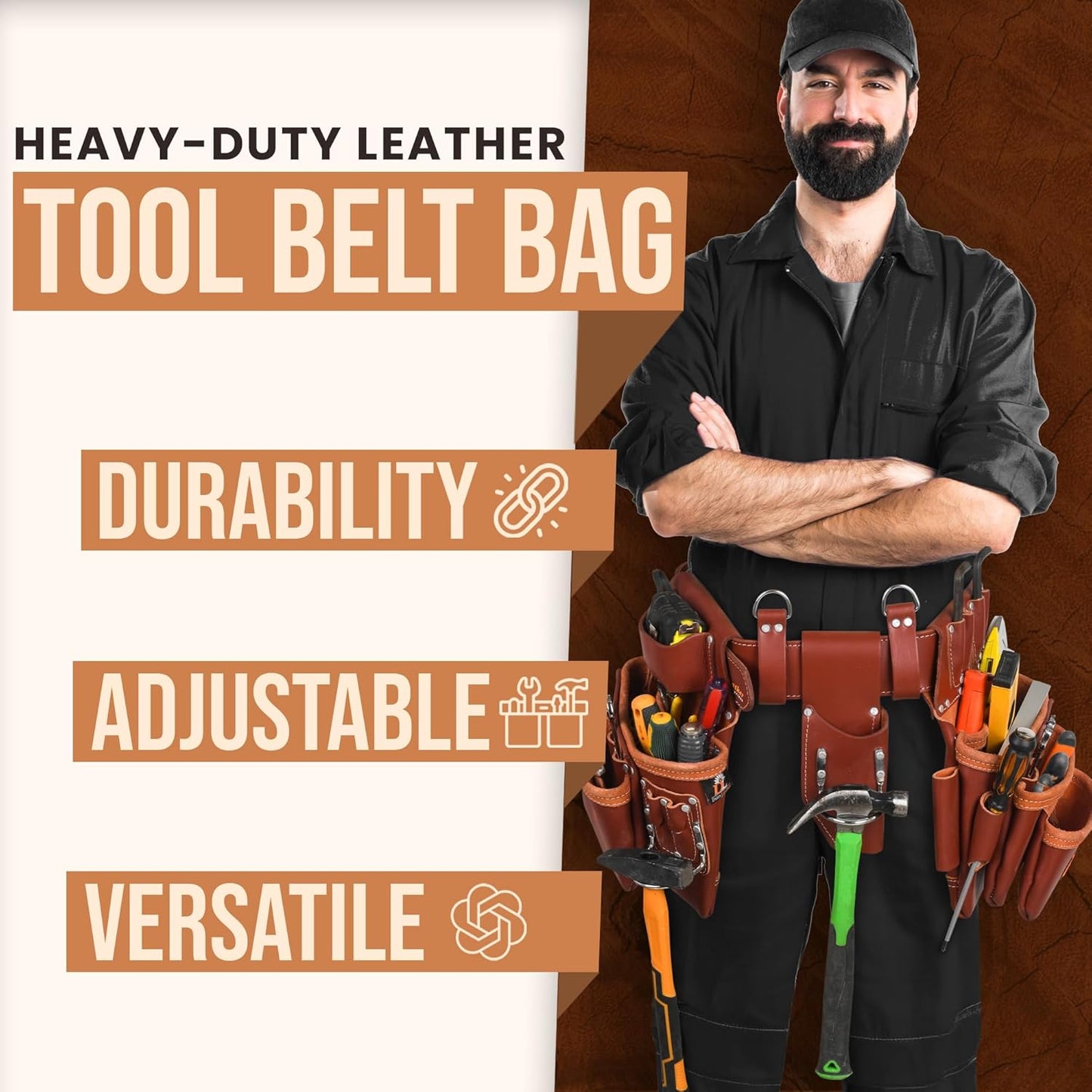 Premium 25 Pocket Heavy-Duty Tool Belt – Oil Tanned Carpenter Pouch for Construction & Electricians – Black X-Large (Leather)