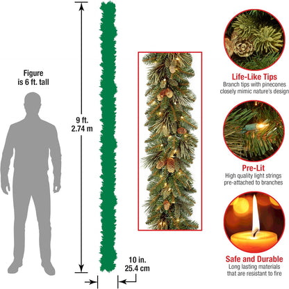 9ft Pre-Lit Carolina Pine Garland with Pinecones and 100 Lights