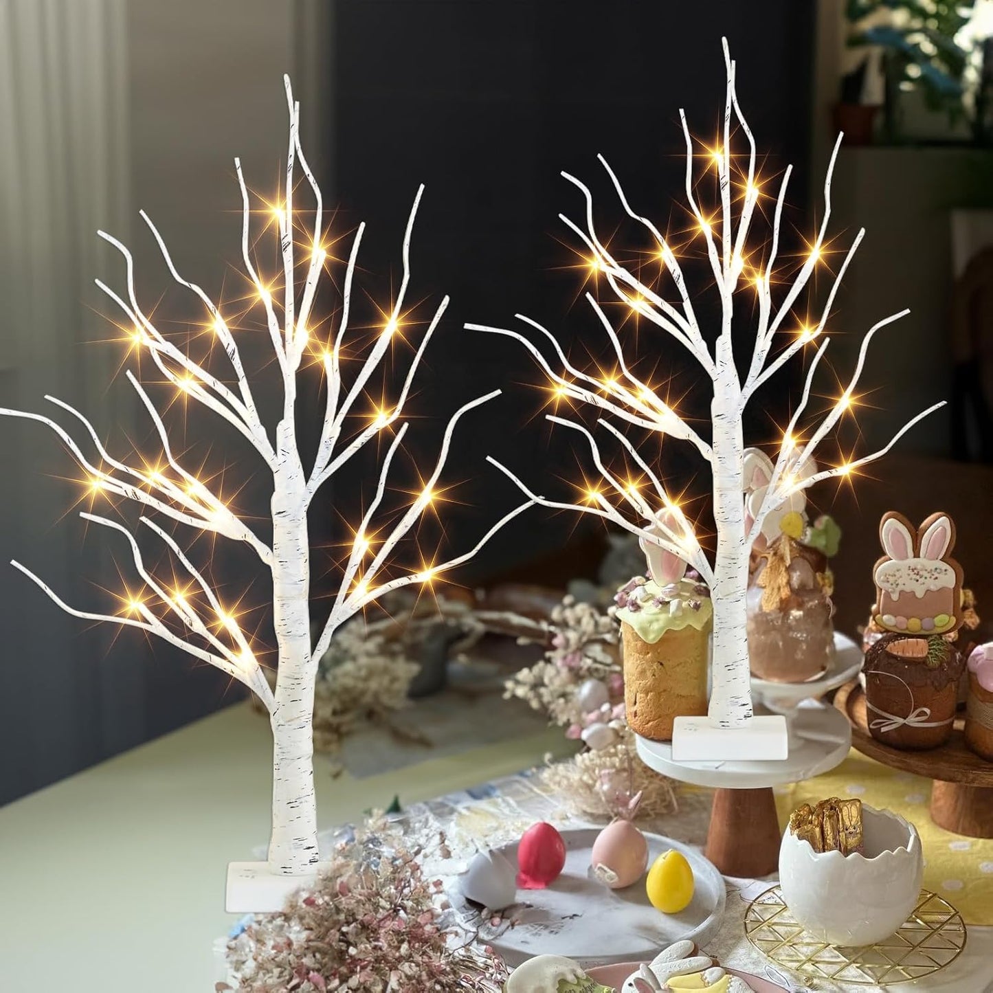 2-Pack 2FT LED Birch Trees with Timer for Indoor Christmas Decor