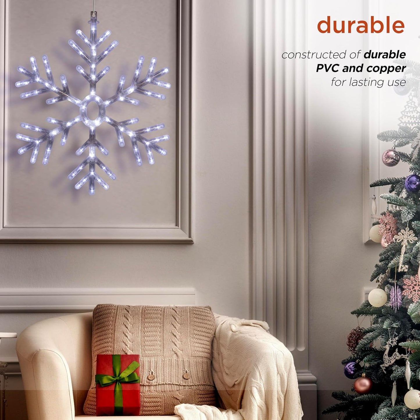 24" Snowflake Lights Decor - Indoor/Outdoor Hanging Christmas Decoration with Cool White LEDs