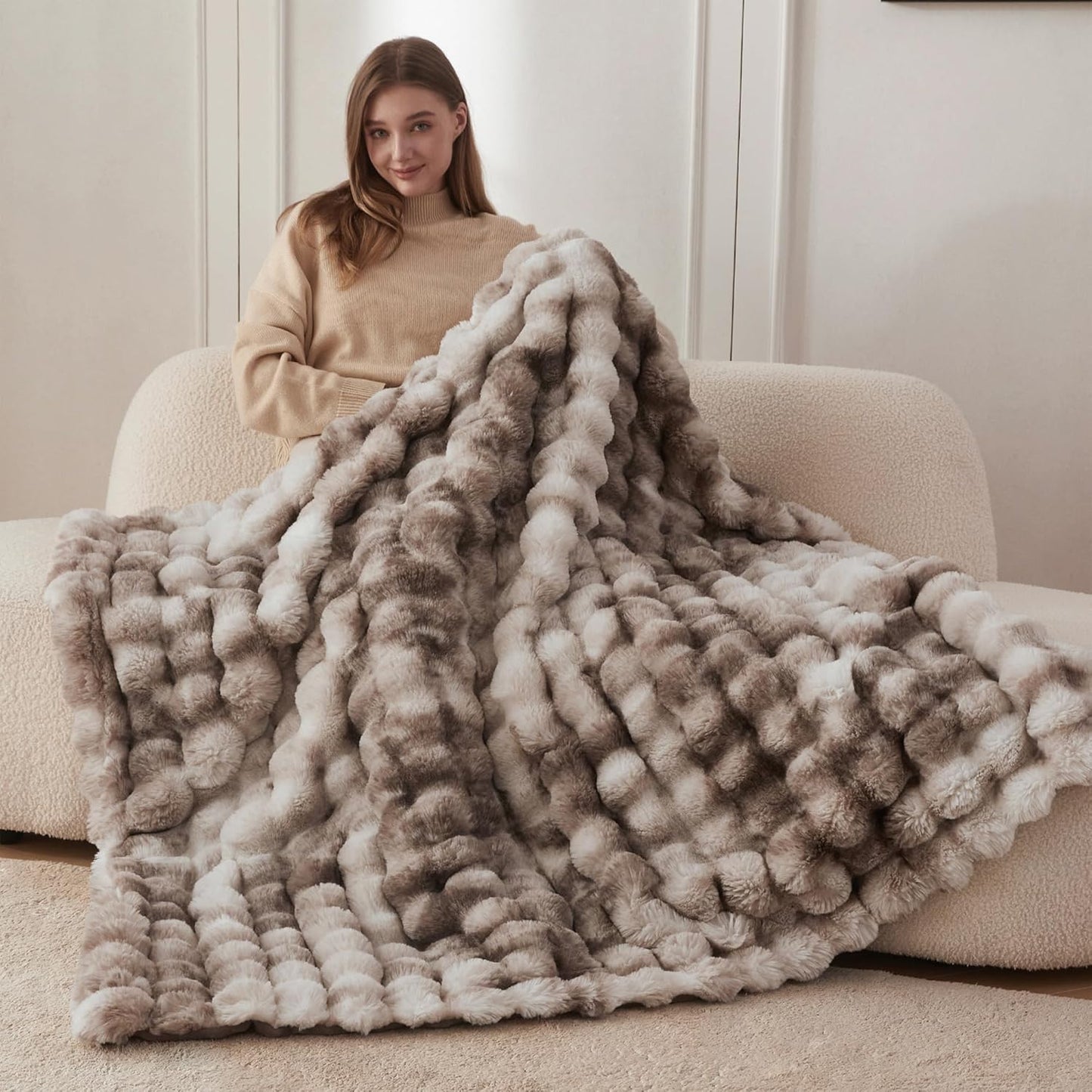 Faux Fur Throw Blanket – Soft Plush Rabbit Fur Bubble Blanket for Couch or Sofa (Tie Dye Brown, 50x60")