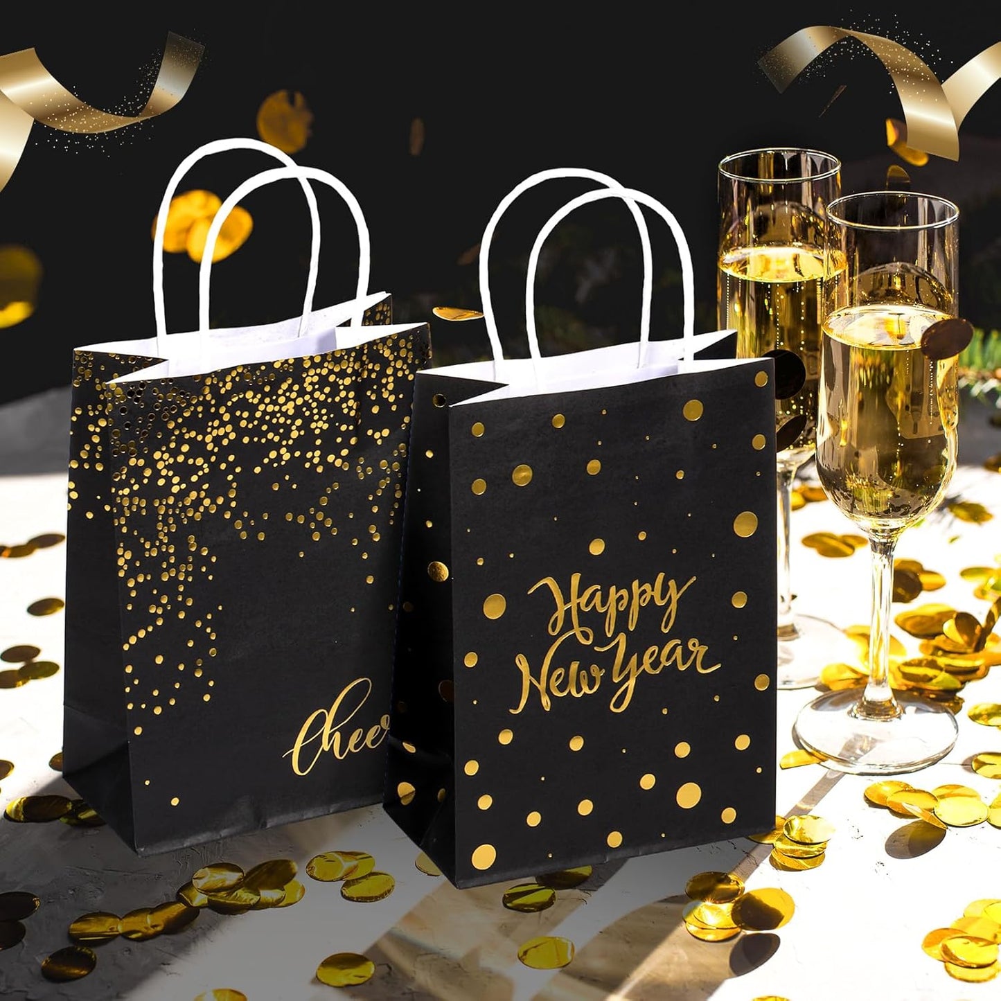 36 Pcs Happy New Year Gift Bags - Black Kraft Paper Bags with Handles (Gold Foiled) for Parties and Favors