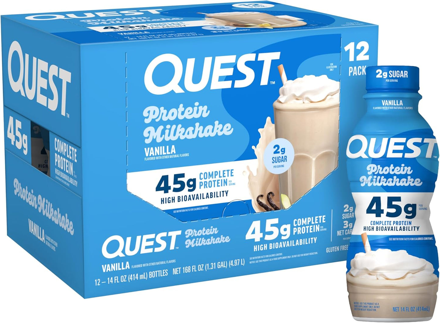 Vanilla Protein Shake – 45g Protein, 2g Sugar, Ready-to-Drink, Gluten Free – 12 Pack