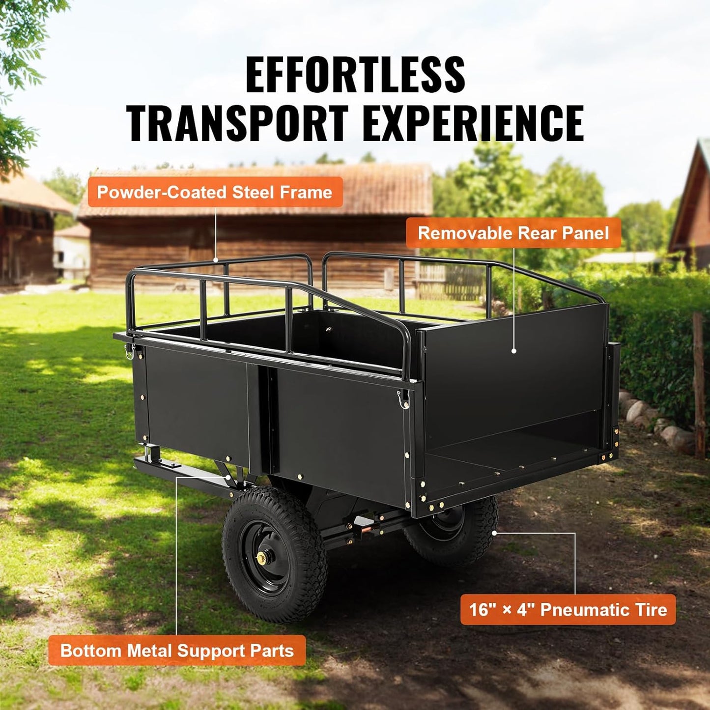 Heavy-Duty ATV Steel Dump Cart – 750 lb Capacity, 15 Cu. Ft. Garden Utility Trailer with Removable Sides