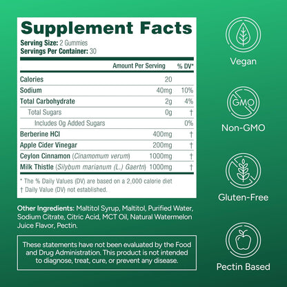 Support Supplement, Sugar-Free Berberine Complex Gummies with Ceylon Cinnamon, Milk Thistle, and ACV [AMPK Metabolic Activator] Berberine Supplement for Appetite Support | Diet Kits & Systems