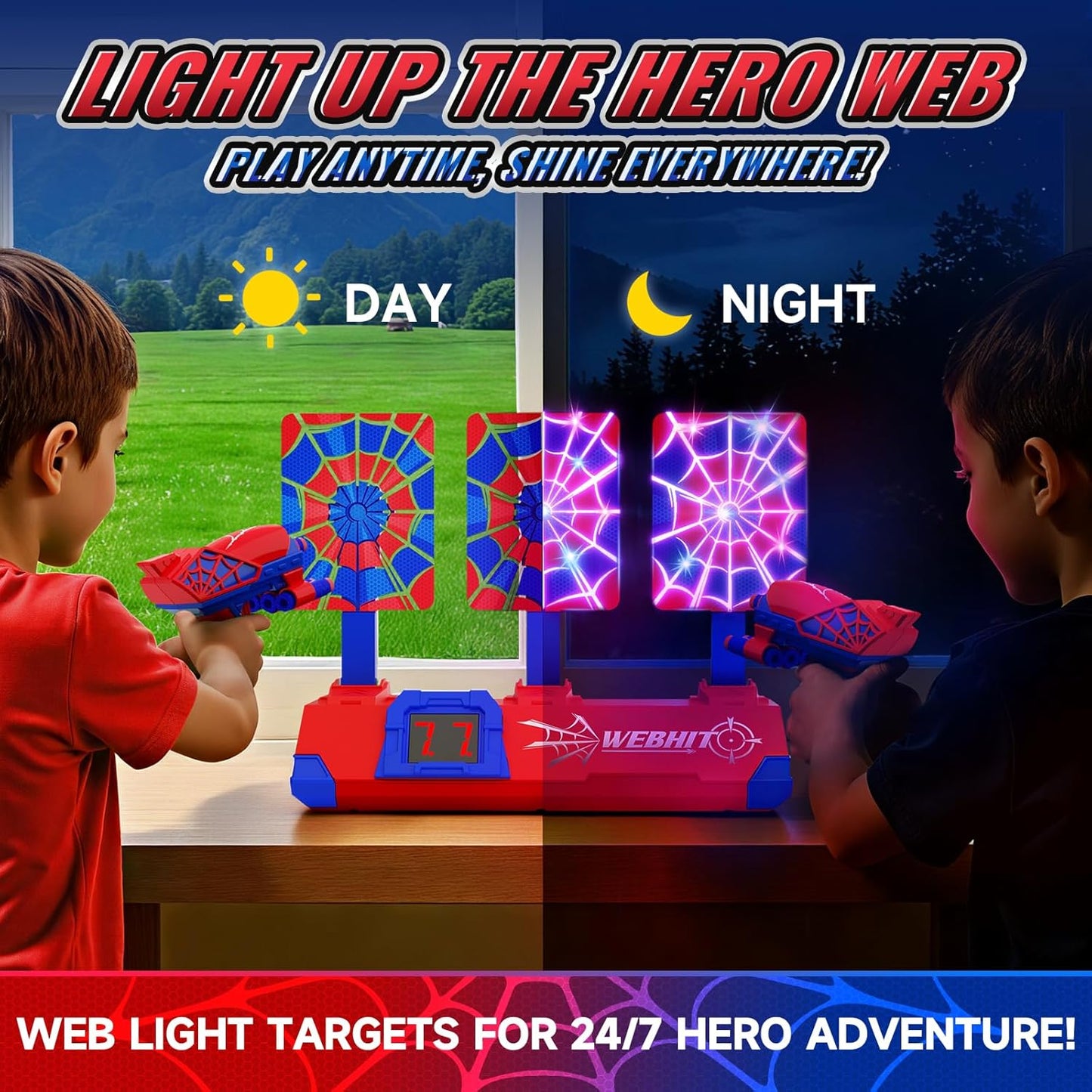 Shooting Toy Set for Boys Ages 3-12 – Hero Style with Glowing Web, Sounds, LCD Scoring, and 3 Auto Reset Targets | Perfect for Indoor/Outdoor Family Games and Gifts!