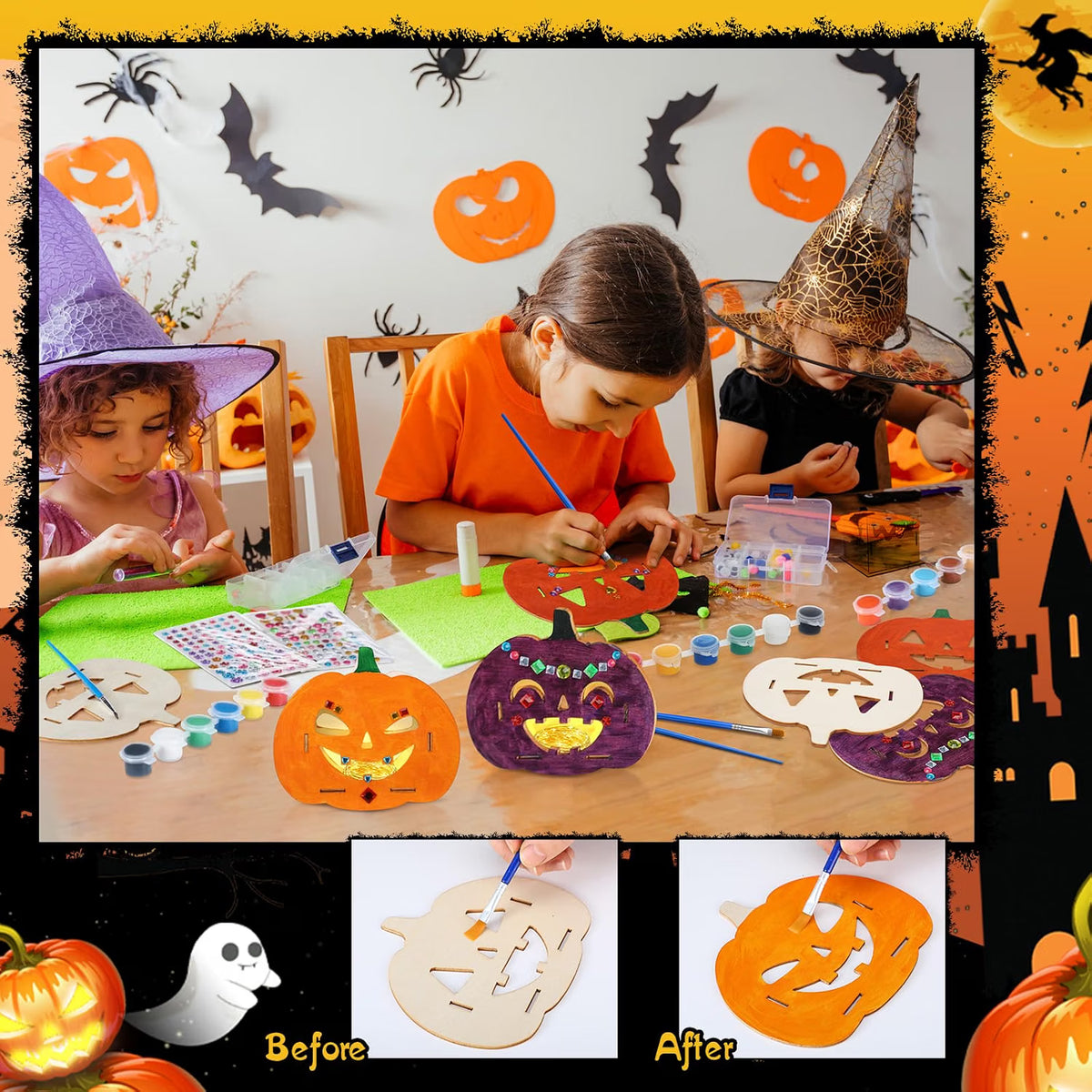24-Set Halloween Wooden Pumpkin Painting Kit – DIY Fall Arts & Crafts Activity for Kids