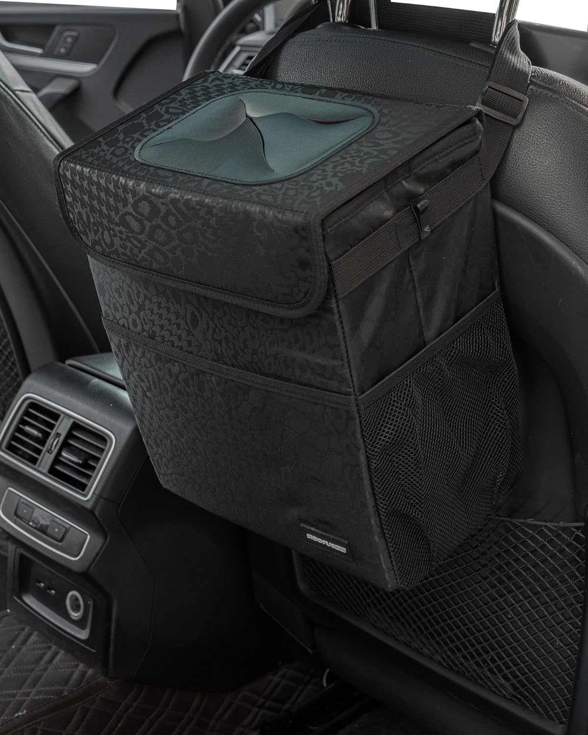 3 Gallon Car Trash Can – Leakproof Waterproof Car Organizer with Pockets & Adjustable Straps – Black Leopard