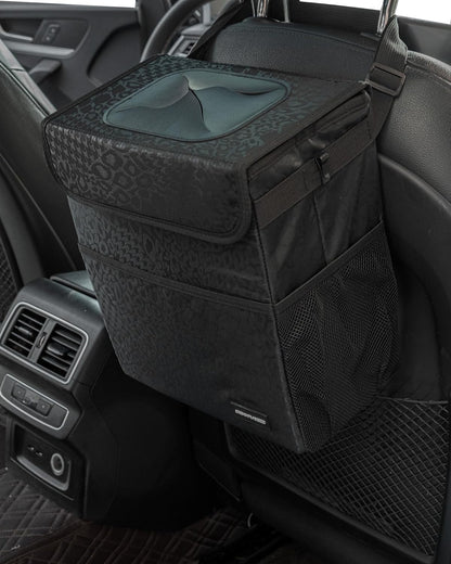 3 Gallon Car Trash Can – Leakproof Waterproof Car Organizer with Pockets & Adjustable Straps – Black Leopard