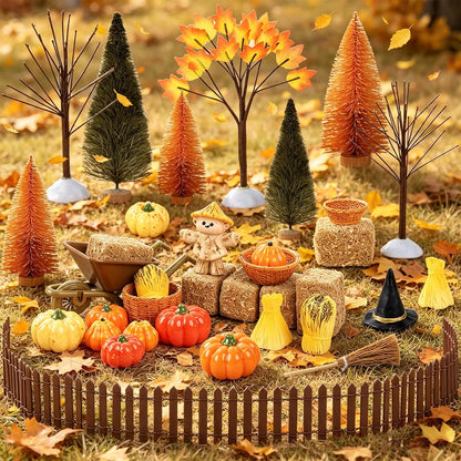 33-Piece Mini Fall Resin Figurine Set – Pumpkins, Scarecrow, Trees & Farm Miniatures for Thanksgiving Harvest Table Décor