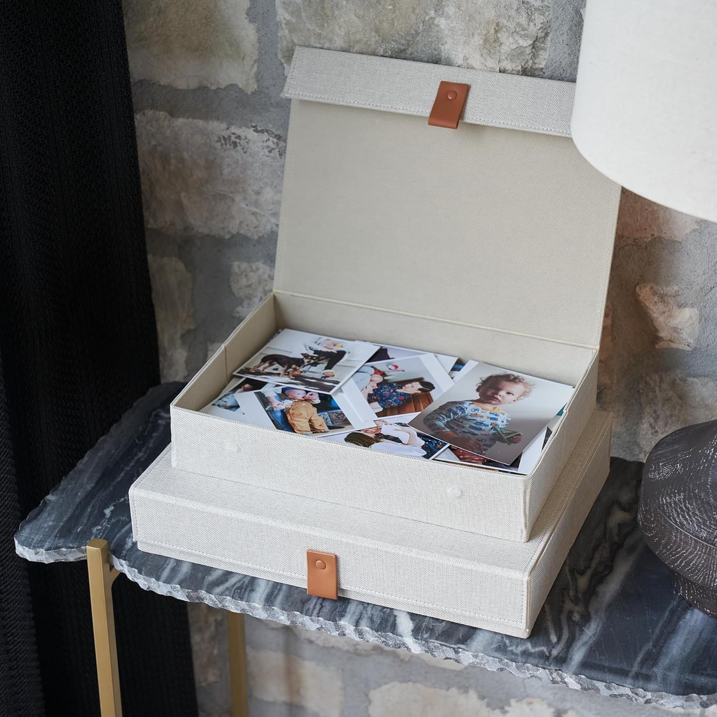 Set of 2 Decorative Linen Photo Storage Boxes with Lids - Stylish Organizers for Keepsakes