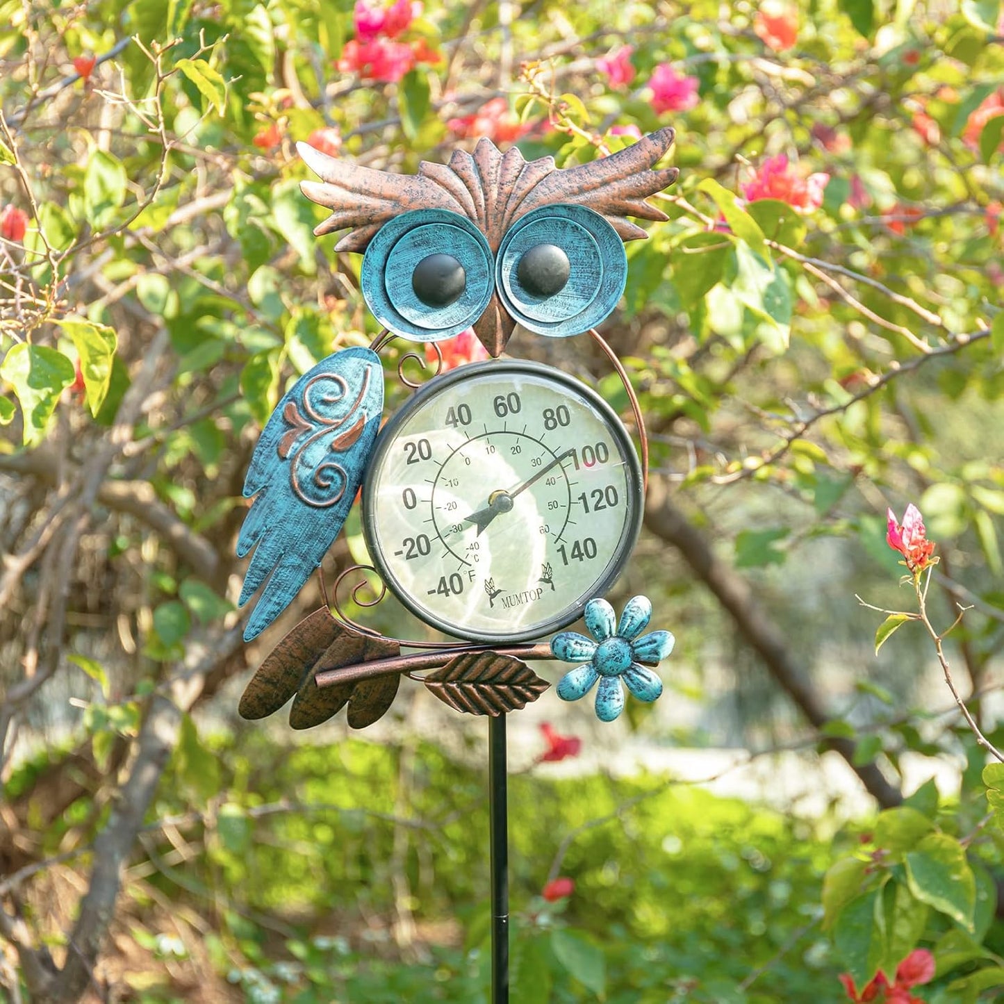 42" Metal Owl Outdoor Thermometer – Garden Stake or Wall-Mount Thermometer for Patio, Yard & Garden