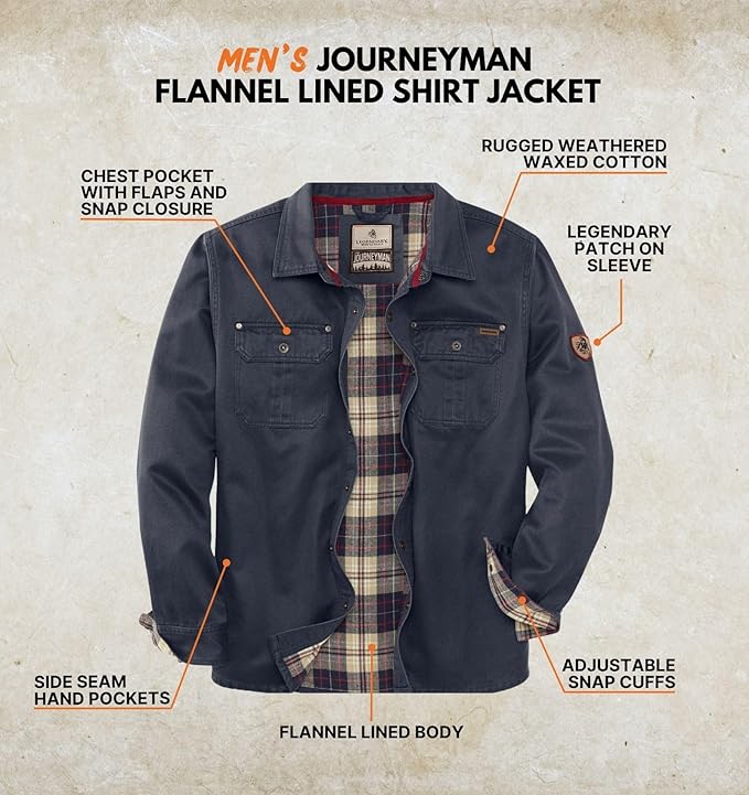 Men's Flannel Lined Shirt Jacket, Water Resistant,  Waxed Cotton, Size Large