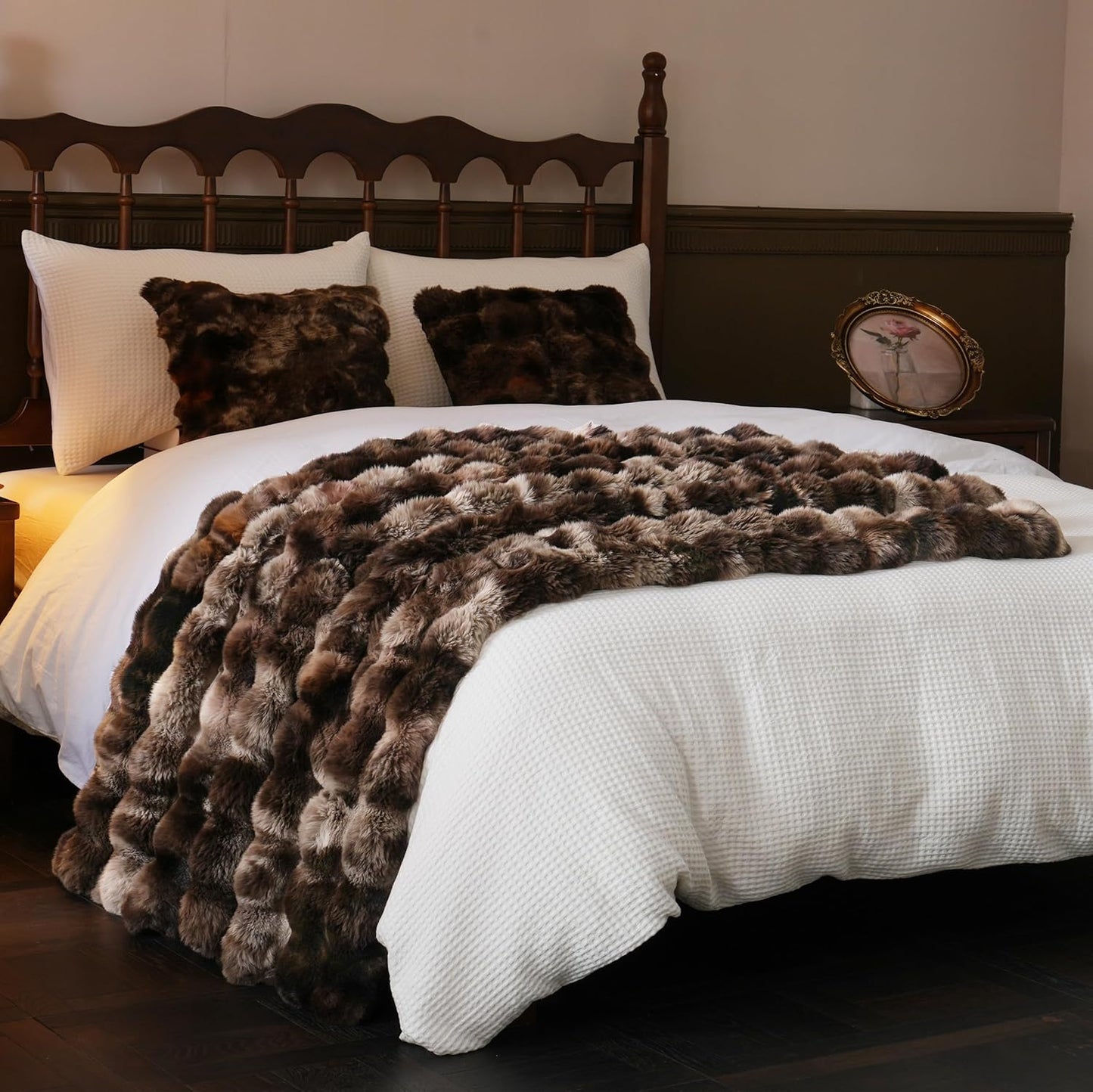 Fluffy Faux Fur Throw Blanket – Luxury Plush Minky Bubble Blanket (Tie-Dye Coffee, 50" x 60")