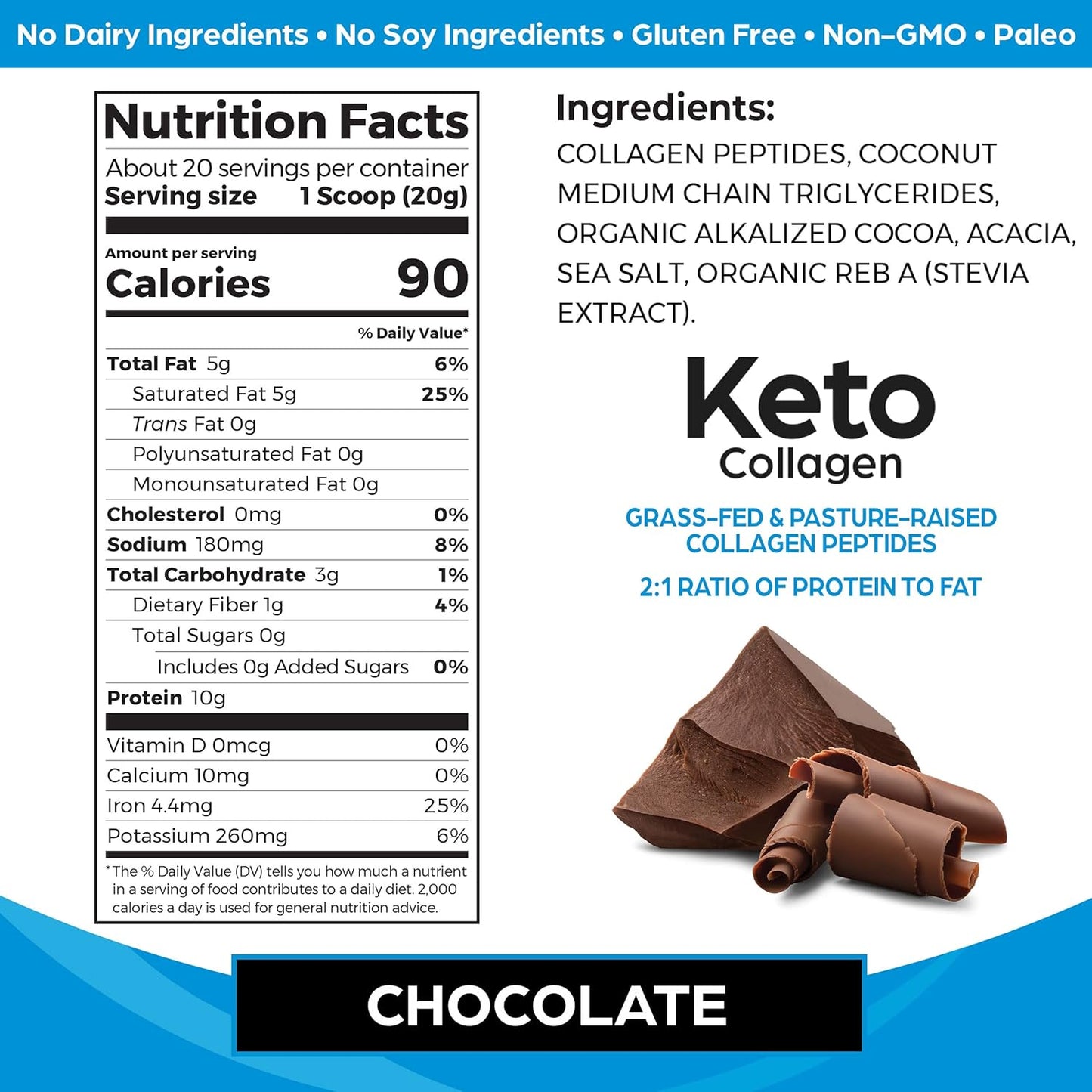 Keto Collagen Protein Powder - Chocolate: 10g Grass-Fed Collagen, 5g MCT Oil for Hair, Skin, Nails & Joints, Non-GMO & Gluten-Free