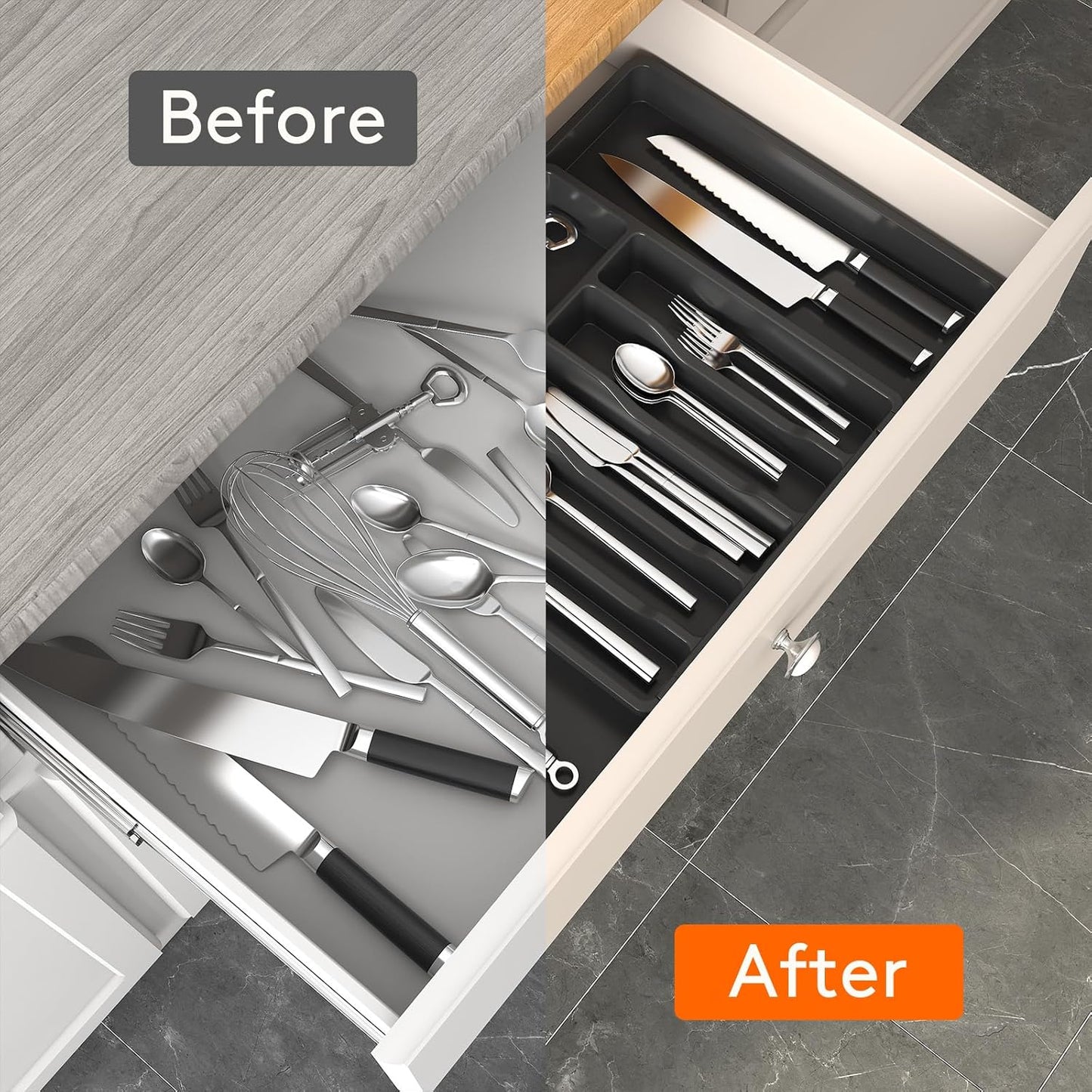 Expandable Silverware Drawer Organizer – BPA-Free Utensil Tray for Kitchen, Adjustable Storage for Spoons, Forks, and Knives, Large, Black